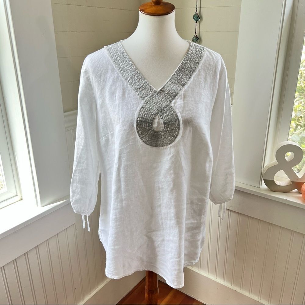 JM Collection White Linen Beaded Tunic Kaftan Top Size L